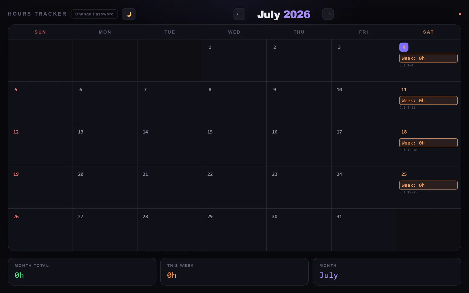 Hours Tracker calendar in dark theme