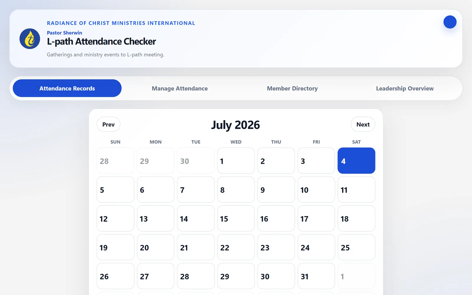 RCMI attendance calendar view in light theme